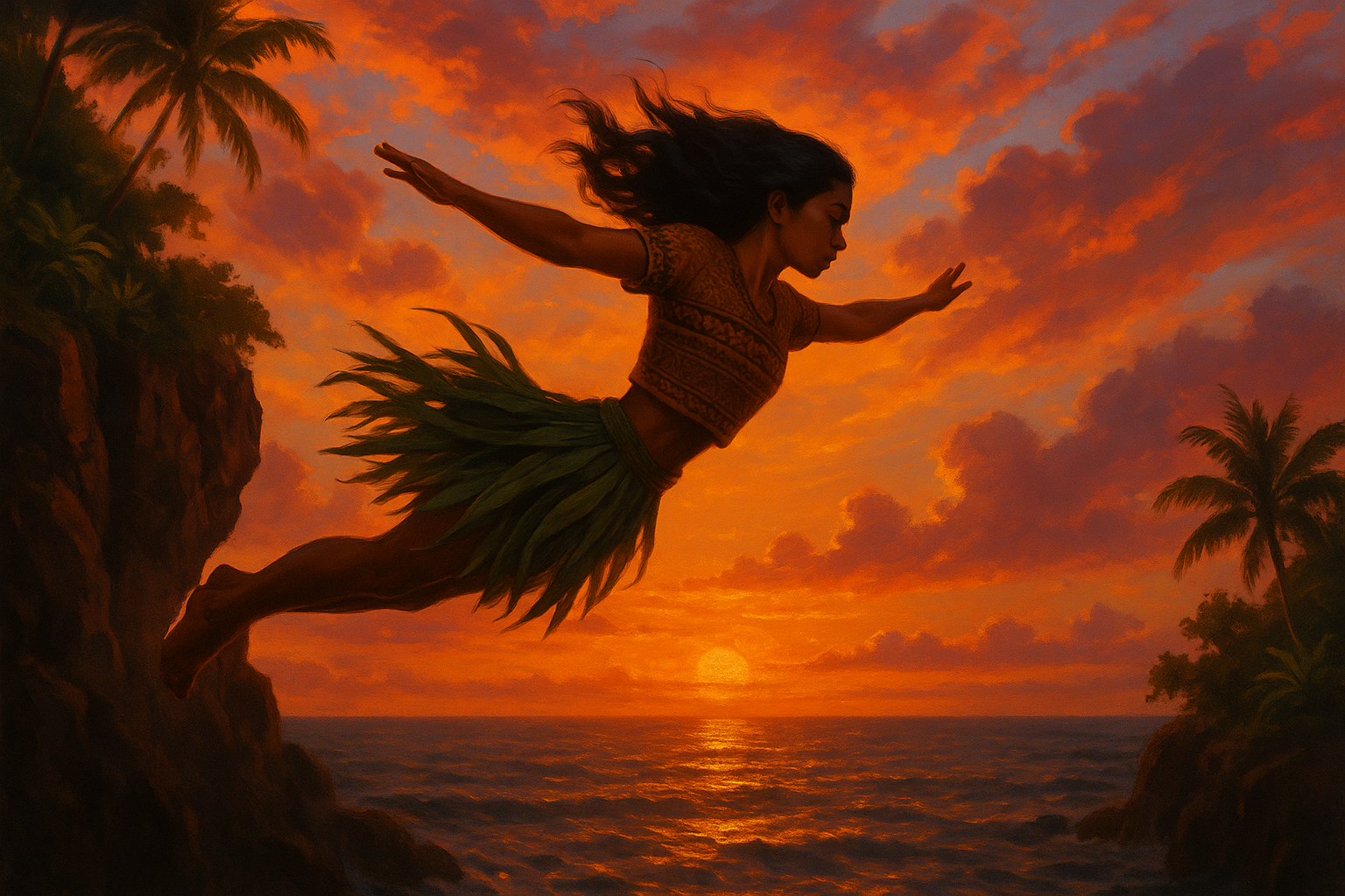 Island girl wearing woven shirt and coconut leaf skirt cliff diving with sunset in the background